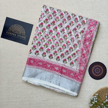 Linen Cotton Block print - White & Pink