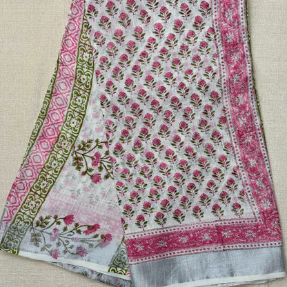 Linen Cotton Block print - White & Pink